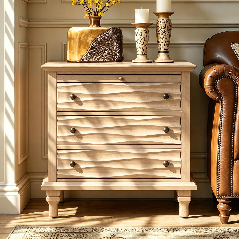 Traditional Wave Textured Nightstand, 3 Drawers Farmhouse Bedside Table with ...
