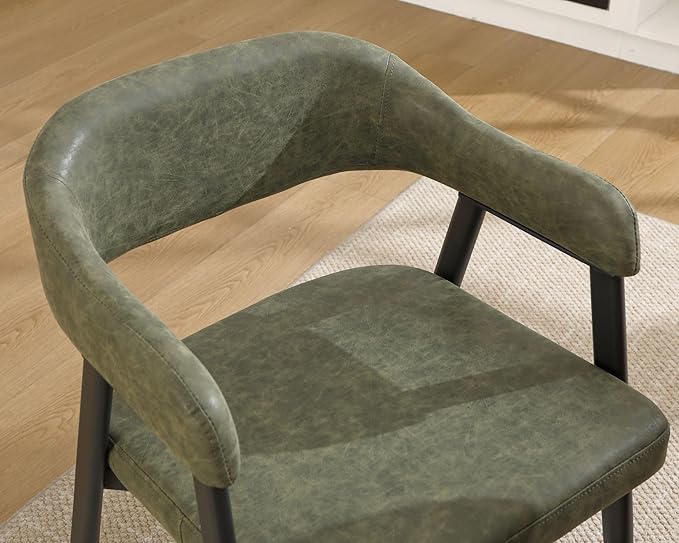 HNY Modern Dining Room Arm Chairs Set of 2, Green Retro Faux Leather Upholstered Barrel Dining Chairs with Arms Mid-Century Accent Chair with Metal Legs, Open-Back Kitchen Side Chairs for Living Room