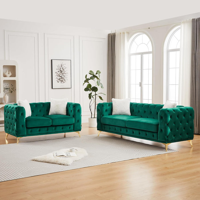 KEIKI 2-Piece Luxury Chesterfield Sofa Set with 1 Velvet 3-Seater Sofa & 1 Loveseat Sofa, Mid-Century 5-Seater Tufted Button Couch Set with 4 Pillow & High-Density Foam Cushion, for Living Room, Green