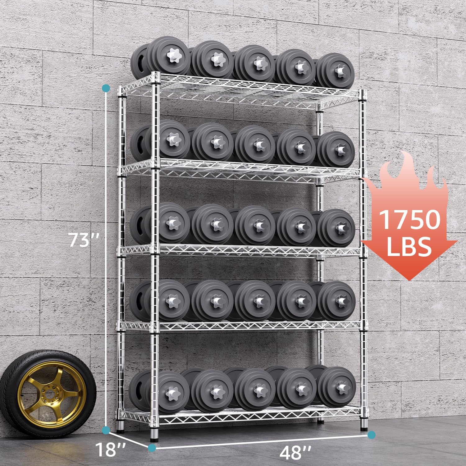 1750 LBS Storage Shelves 5-Tier Utility Shelving Unit Steel Organizer Wire Rack for Home,Kitchen,Office,Garage, Capacity 17.7" D x 47.2" W x 72.3" H