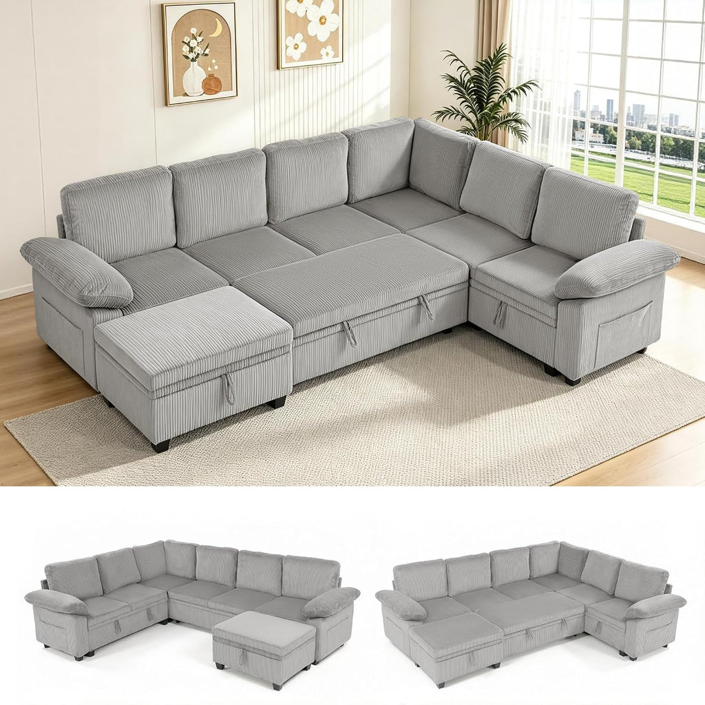 108″ Sectional Sleeper Sofa with Pull Out Bed, Modular Sectional Couch with Storage, L Shpaed 7-Seats Chenille Cloud Couch, Modular Sofa Bed for Living Room, Apartment, Office (Light Gray, 7 Seats)