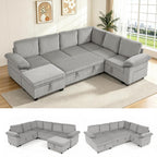 108″ Sectional Sleeper Sofa with Pull Out Bed, Modular Sectional Couch with Storage, L Shpaed 7-Seats Chenille Cloud Couch, Modular Sofa Bed for Living Room, Apartment, Office (Light Gray, 7 Seats)