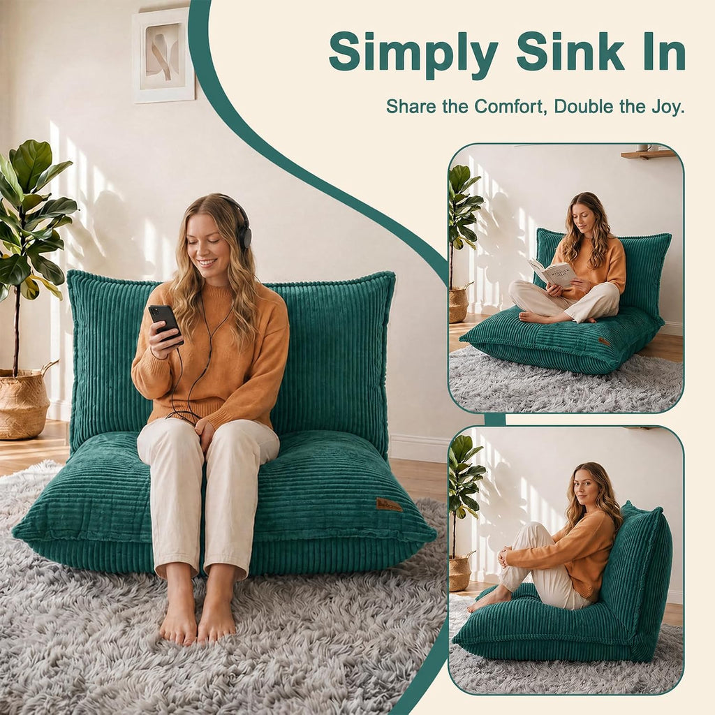 L-Shaped Oversized Bean Bag Chair(L-Green) | Fluffy Memory Foam Beanbag with Corduroy Fabric for Adults Teens Kids, Lounge Floor Sofa Chair for Living Room Bedroom