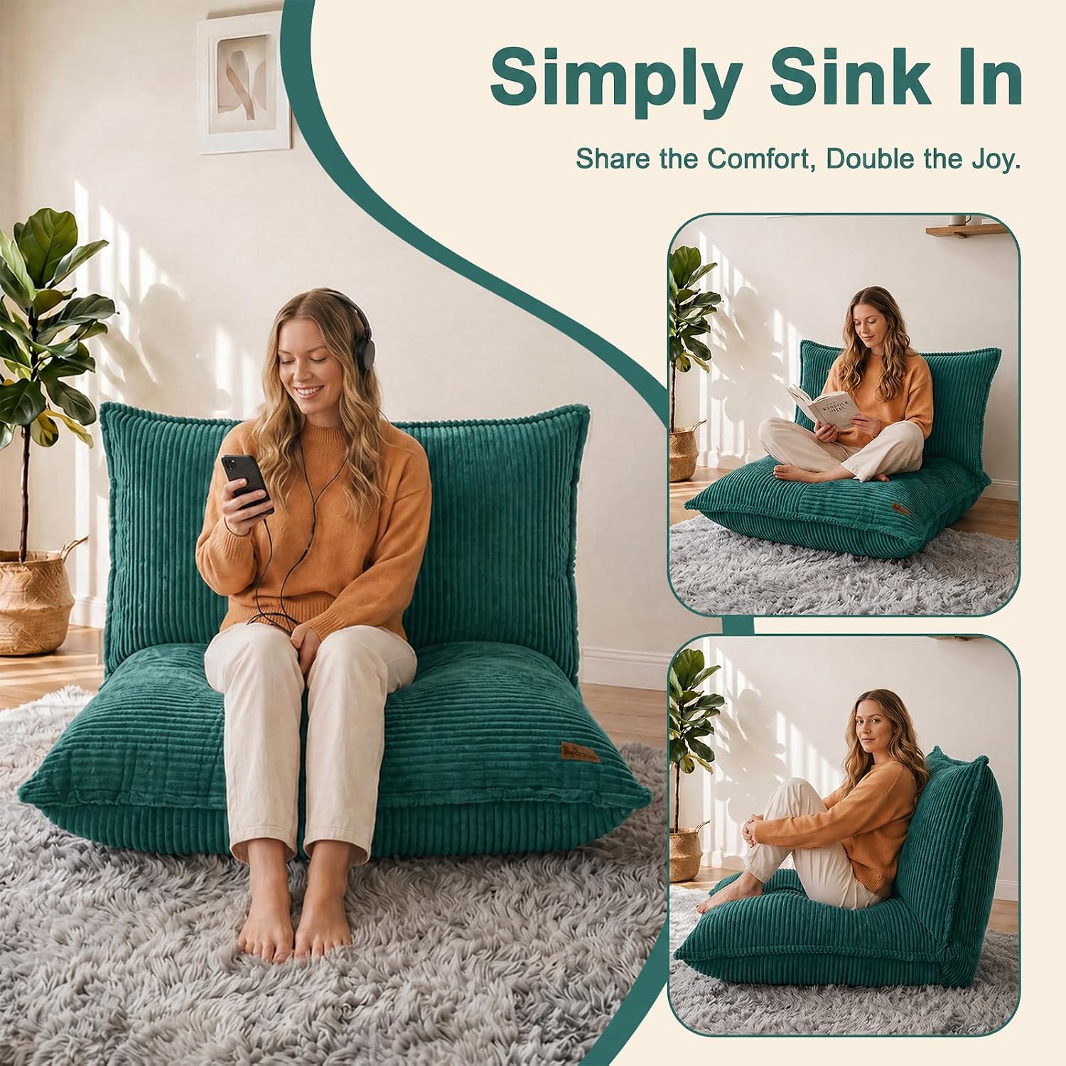 L-Shaped Oversized Bean Bag Chair(L-Green) | Fluffy Memory Foam Beanbag with Corduroy Fabric for Adults Teens Kids, Lounge Floor Sofa Chair for Living Room Bedroom
