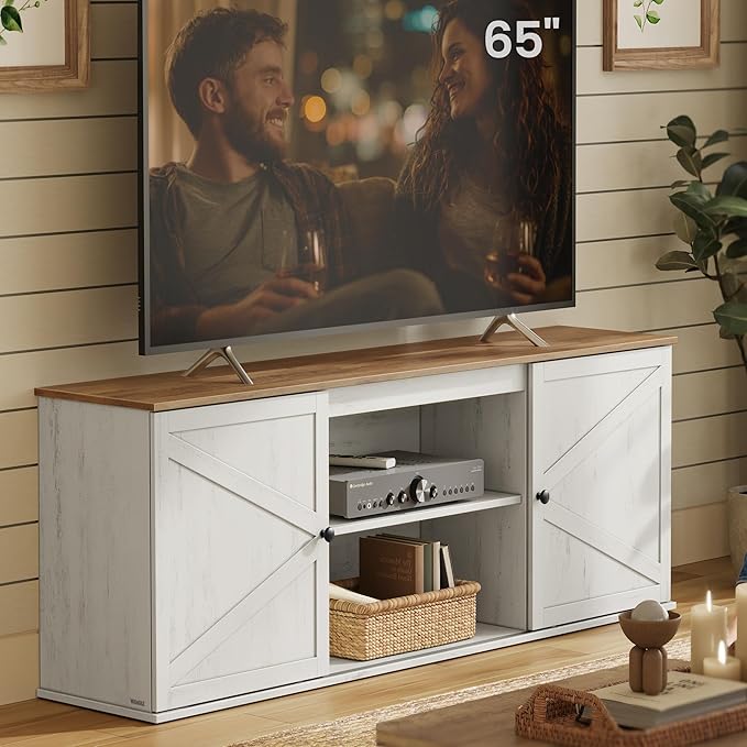 VASAGLE Farmhouse TV Stand for TVs up to 65 Inches, Entertainment Center with Storage Cabinets and Sliding Barn Doors, Media Console Table for Living Room, Rustic White and Honey Brown ULTV535W01