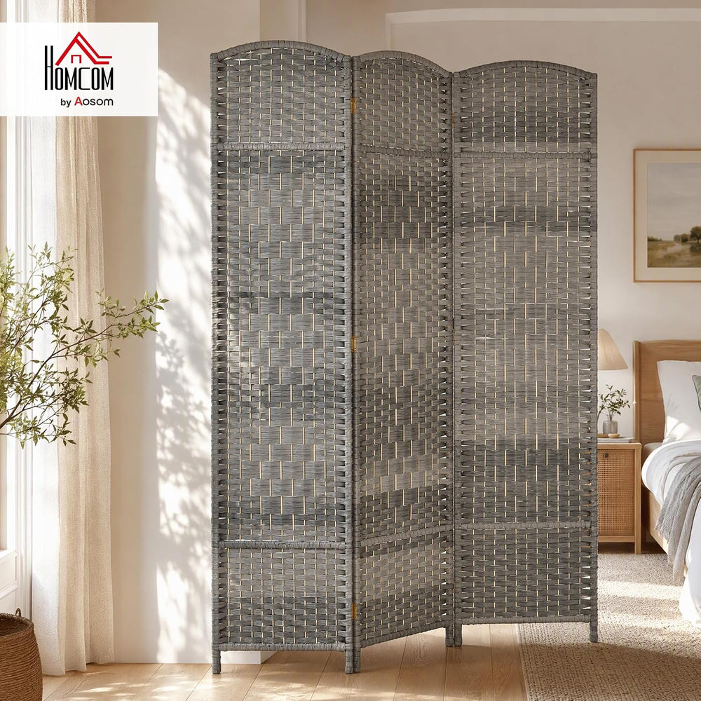 HOMCOM 3 Panel Room Divider 6 Ft Privacy Screen Hand-Woven Mixed Gray