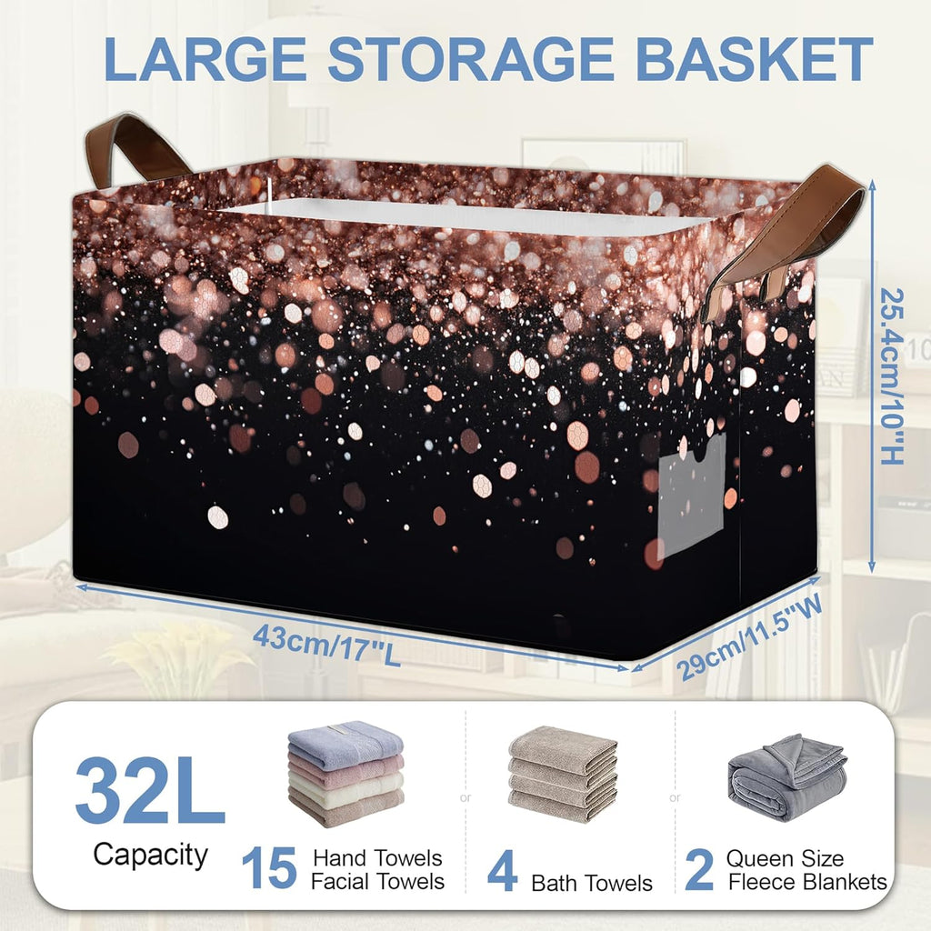 Pink Glitter Storage Baskets,Foldable Organizer Bin with Handles for Home Living Room Bedroom Closet Box 17x11.5x10Inch