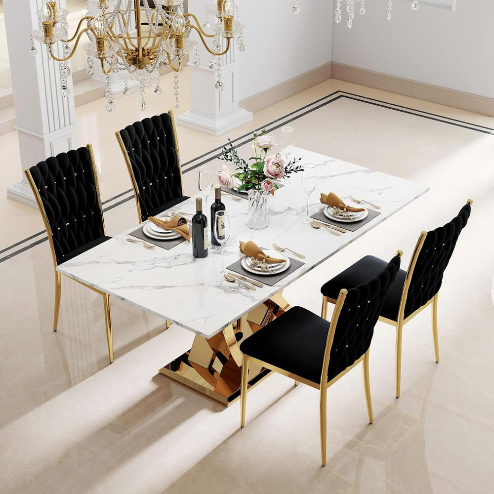 Modern Dining Chairs Set of 4, Black Velvet Woven Kitchen Chair with Golden M...
