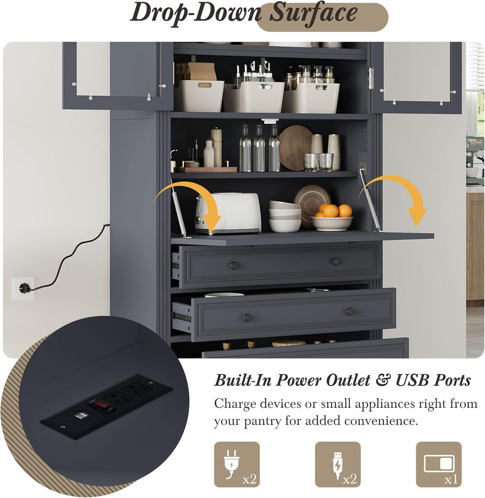 78" Tall Kitchen Pantry Cabinet with 3 Drawers, Large Wooden Kitchen Org...