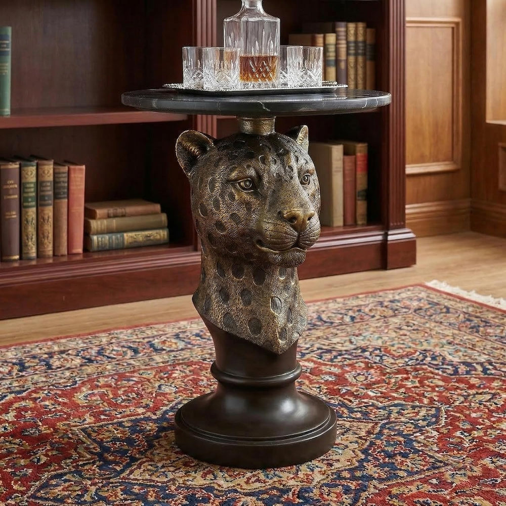 Leopard Head Accent Table with Faux Marble Top & Lifelike Texture, Animal...
