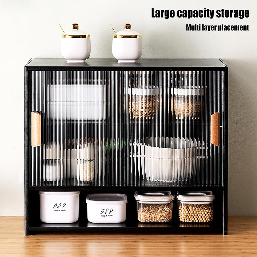 Small Countertop Kitchen Pantry, 3 Tiers Bamboo Pantry Sideboard with 2 Slidi...