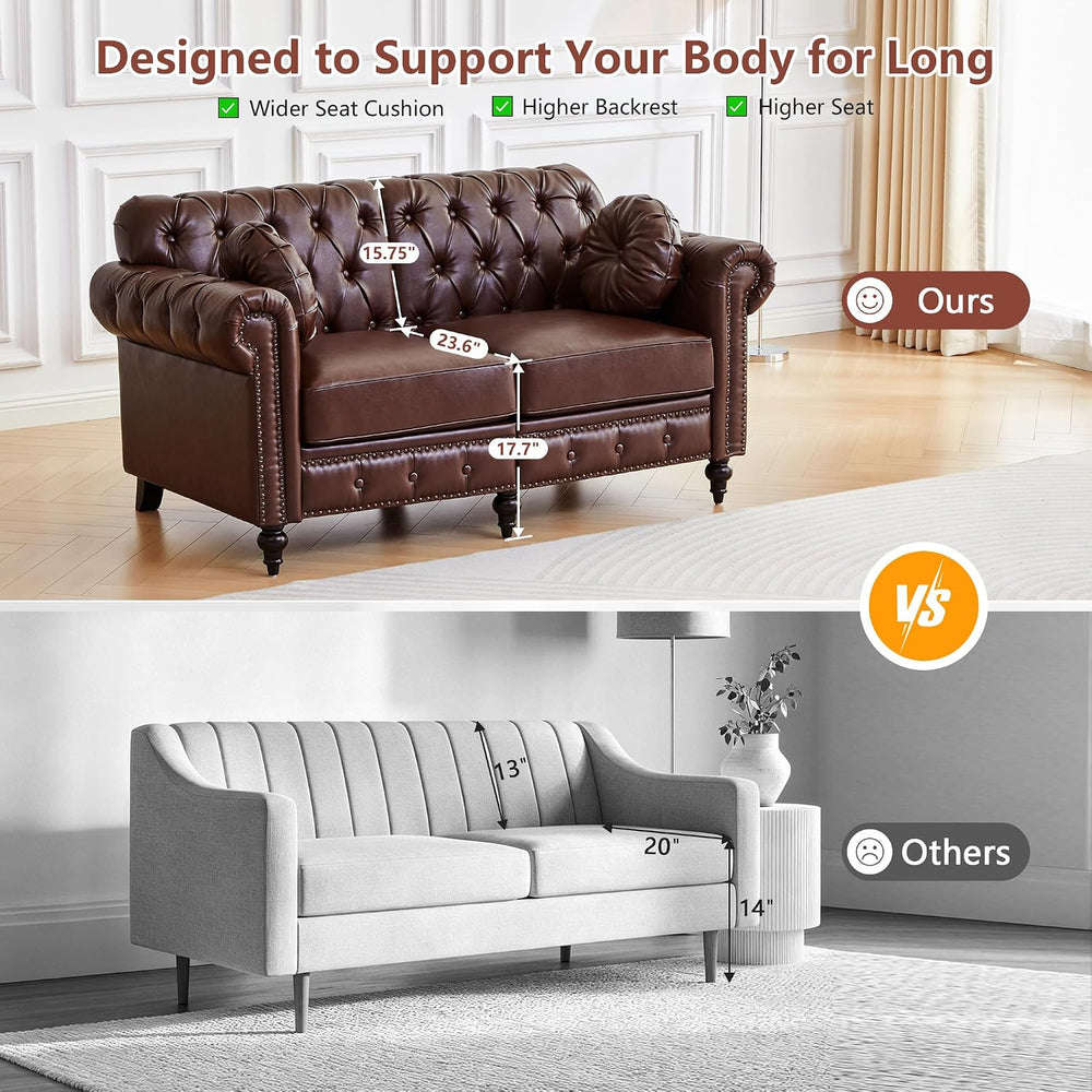 ORRD Chesterfield Small Loveseat, High Back Modern Faux Leather Couch with Bu...