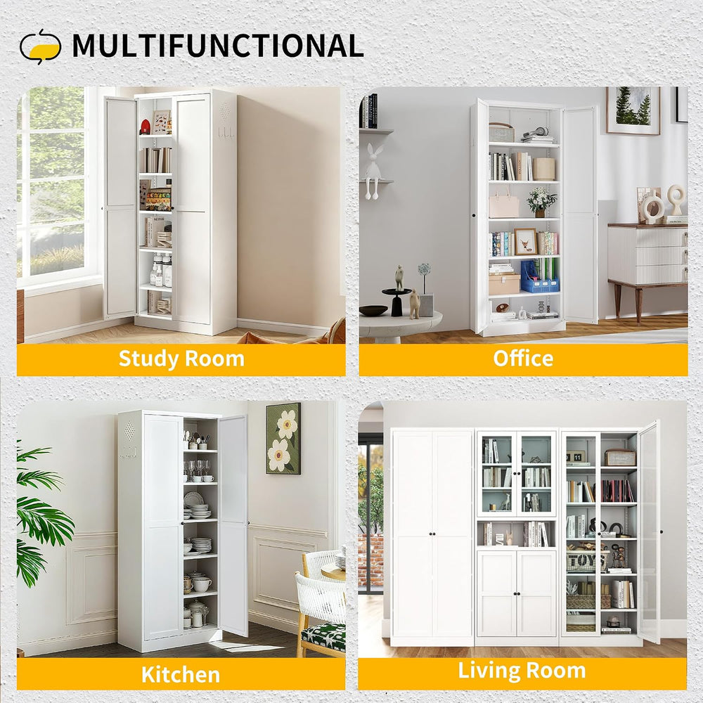 White Kitchen Pantry Cabinet, 72" Tall Metal Storage Cabinet with 2 Door...