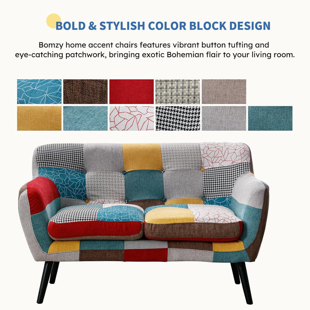 Bonzy Home Modern Colorful 3 Piece Coroful Fabric Sofa Set, Included Accent Chair and Boho 2 Loveseat, Linen Patchwork Plaid Couches with Rubberwood Legs and Removable Upholstered for Living Room