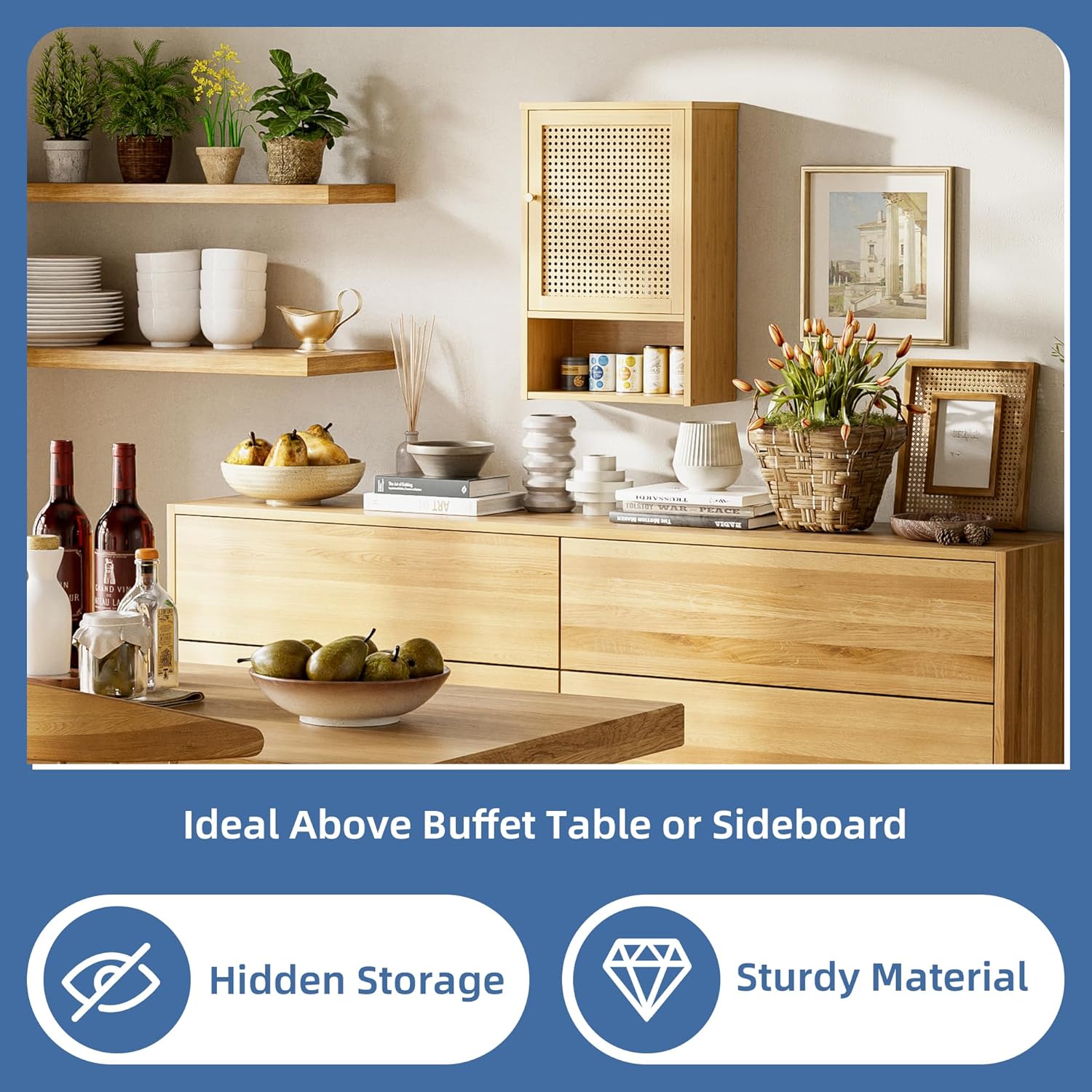 HITNET Bathroom Wall Cabinet, Rattan Medicine Cabinet, Bamboo Hanging Storage Organizer Over The Toilet with Adjustable Shelf for Living Room, Kitchen, Hallway(Natural)