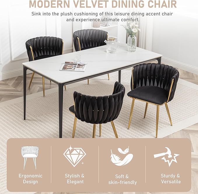 Kiztir Black Velvet Dining Chairs Set of 4, Upholstered Dining Room Chairs wi...