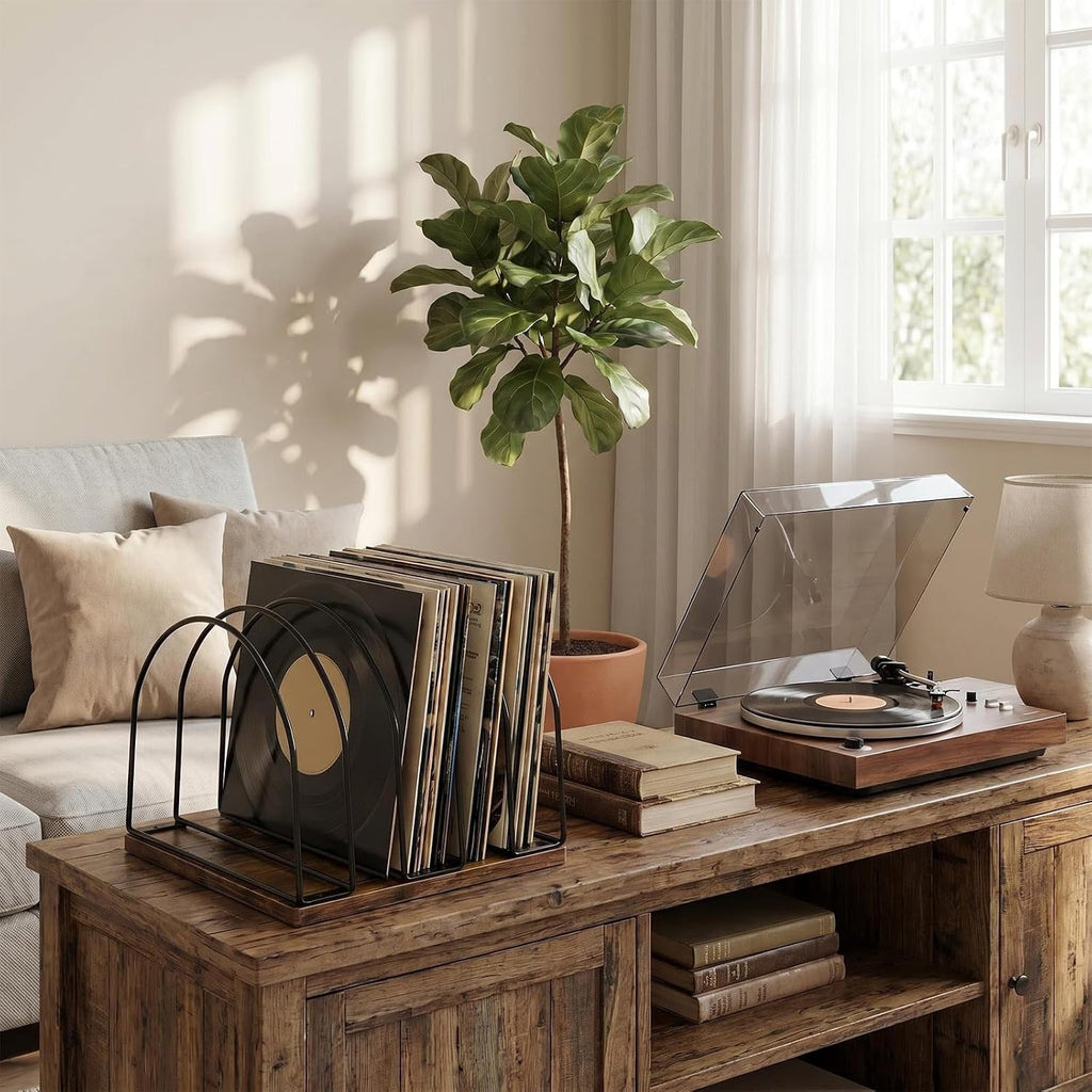Vinyl Record Storage Holder, Wooden Record Stand Organizer for Vinyl Records & LPs, Magazine Holder, CD Storage, DVD Storage, CD Holder, Album Organizer Shelf for Home, Living Room, Music Room