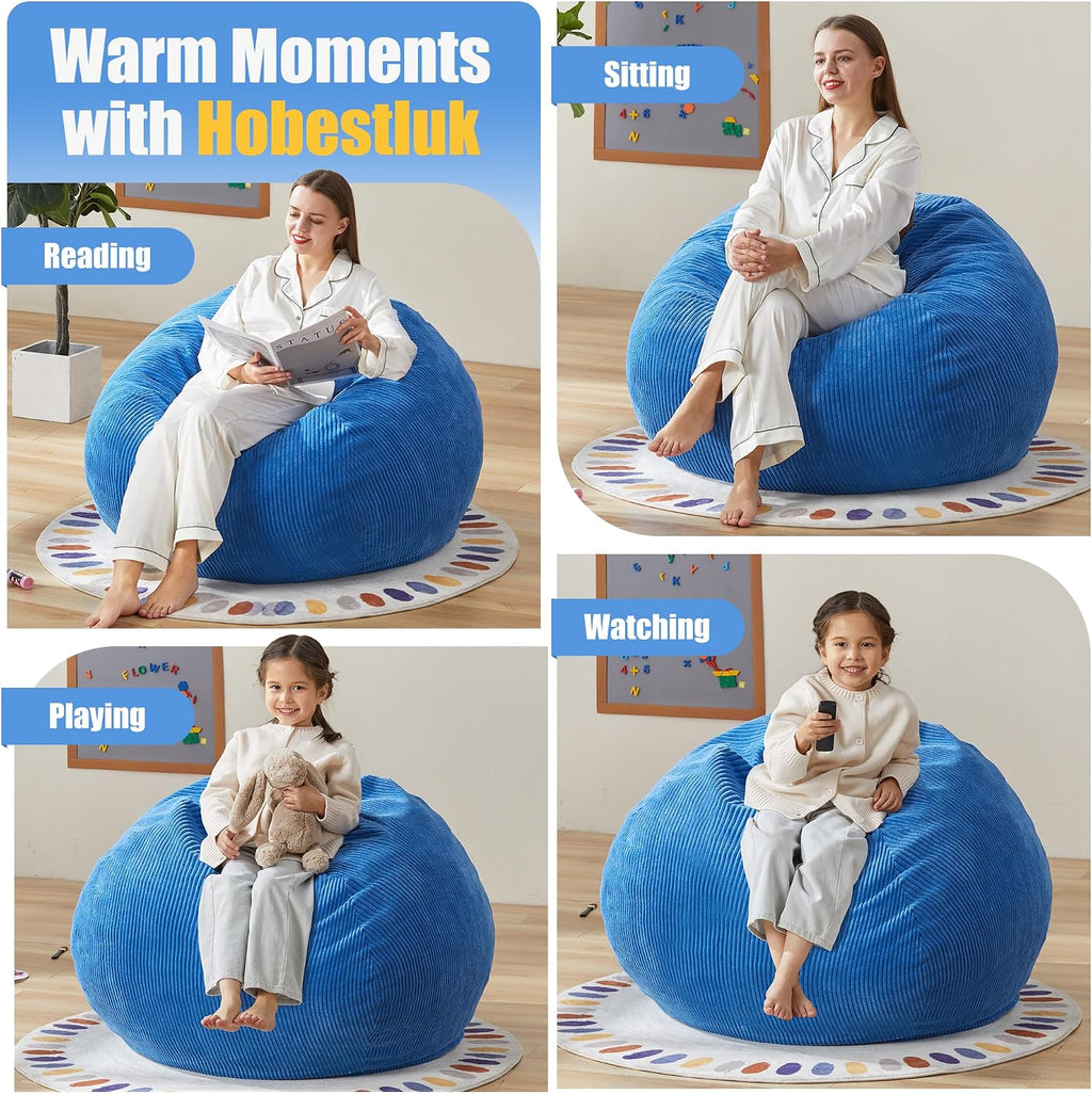 Hobestluk Adult Bean Bag Chair Teardrop Shape with Filling, 3.5FT Blue | Soft Fabric, Corduroy Cover, Removable and Washable, Memory Foam Filler, Portable Handle, Gaming, Relaxing, For Living Room