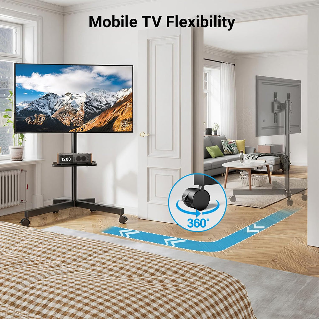 PERLESMITH Rolling TV Stand for 26-65 Inch TVs up to 88 lbs, Mobile Outdoor TV Stand with Shelf & Large Base, Tilt TV Stand with Wheels, Portable TV Cart for Bedroom, Max VESA 400x400mm, PSTVMC06B-B