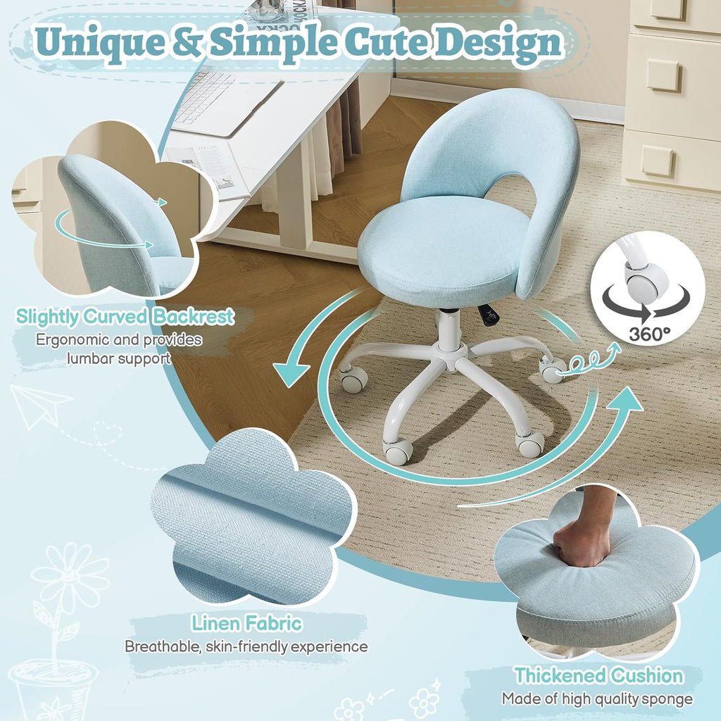 VINGLI Small Vanity Chair with Wheels for Girls.Cute Modern Adjustable Height Armless Office Desk Chair.360°Swivel Comfy Rolling Chair for Study, Make up Room,Small Space,Linen Light Blue
