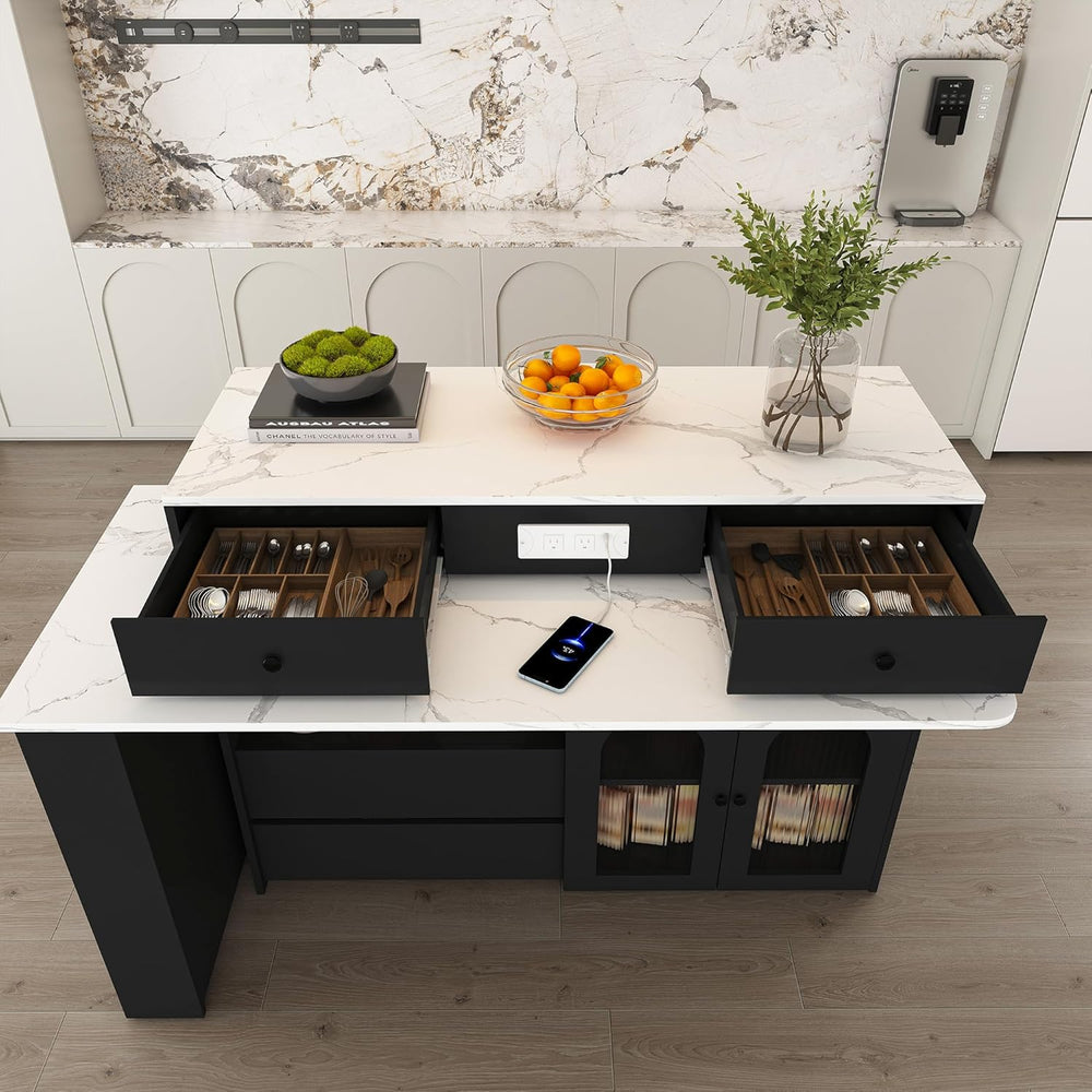 Flieks Kitchen Island with Extendable & Rotating Table, MDF with Marble V...