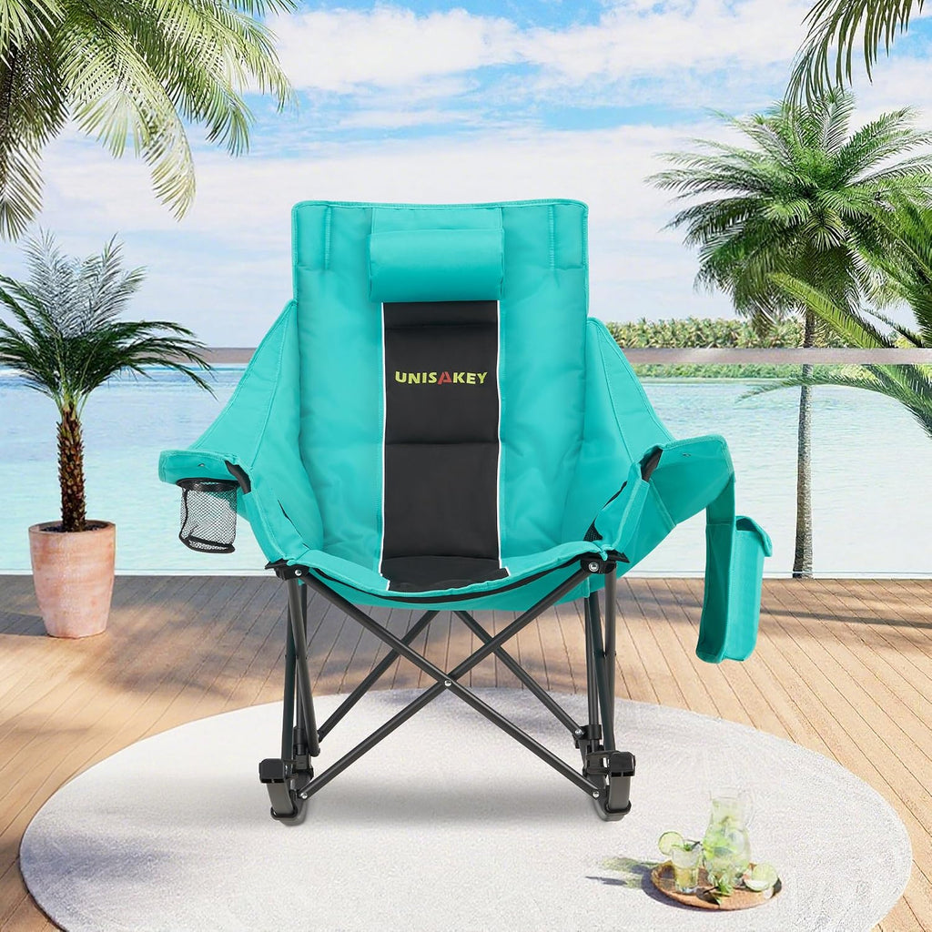 Unisakey Oversized Rocking Camping Chair with Headrest & Cup Holder - 300lbs Capacity, 600D Oxford Fabric, Easy Fold Portable Outdoor Rocker Chair for Camping, Backyard, Beach, Blackgreen