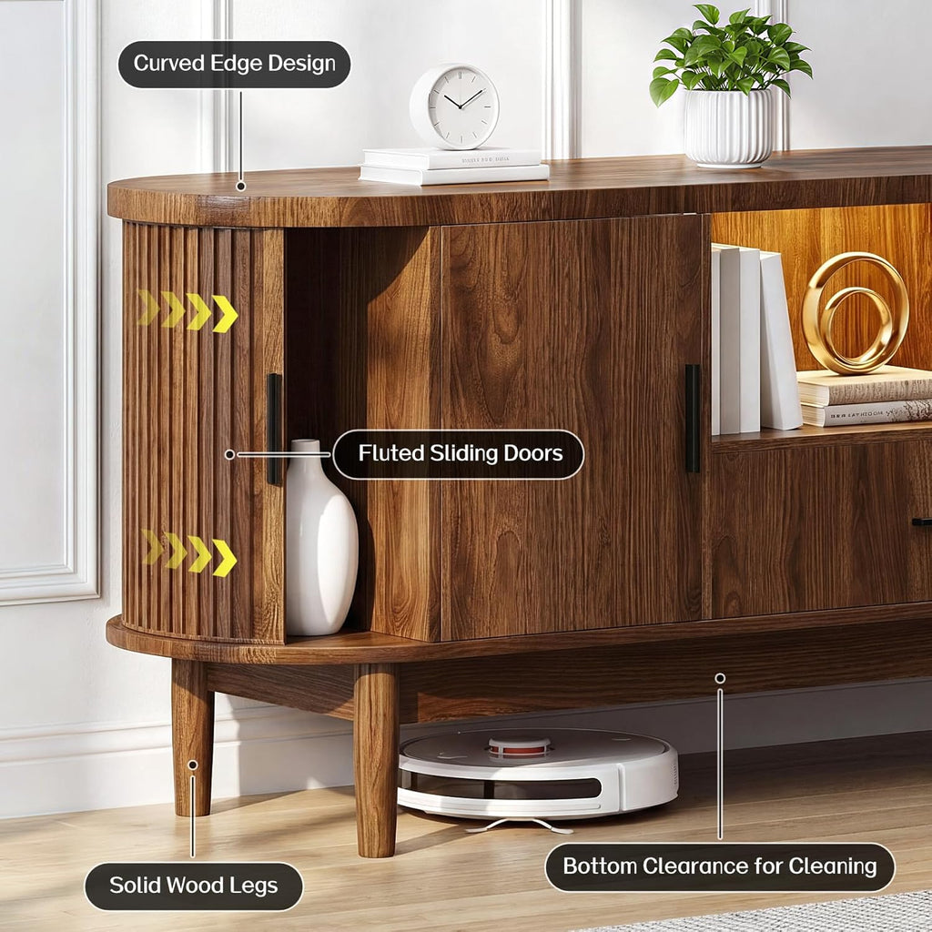 Haewon 63" Mid Century Modern TV Stand for TVs up to 75 Inch, Wood Entertainment Center with LED Lights and Power Outlet, Modern TV Console with Fluted Sliding Doors for Living Room, Walnut
