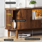Haewon 63" Mid Century Modern TV Stand for TVs up to 75 Inch, Wood Entertainment Center with LED Lights and Power Outlet, Modern TV Console with Fluted Sliding Doors for Living Room, Walnut