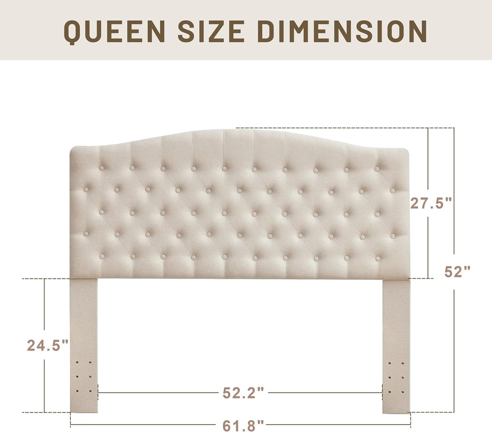 Tufted Tall Queen Size Headboard, Linen Button Diamond Headboards, Beige