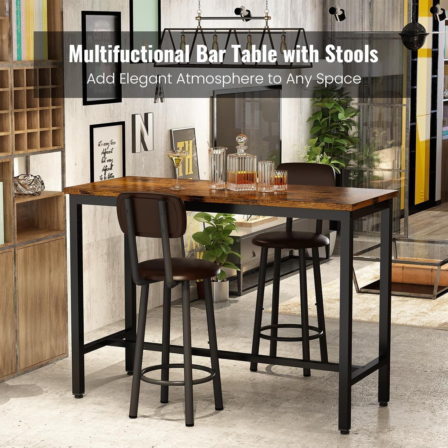 AWQM Bar Table Set of 2, Industrial Bar Table and Chairs Set of 2,3 Piece Bar Height Table with 2 Backrests Stools,Small Kitchen Table for 2,Small Space,Brown & Black