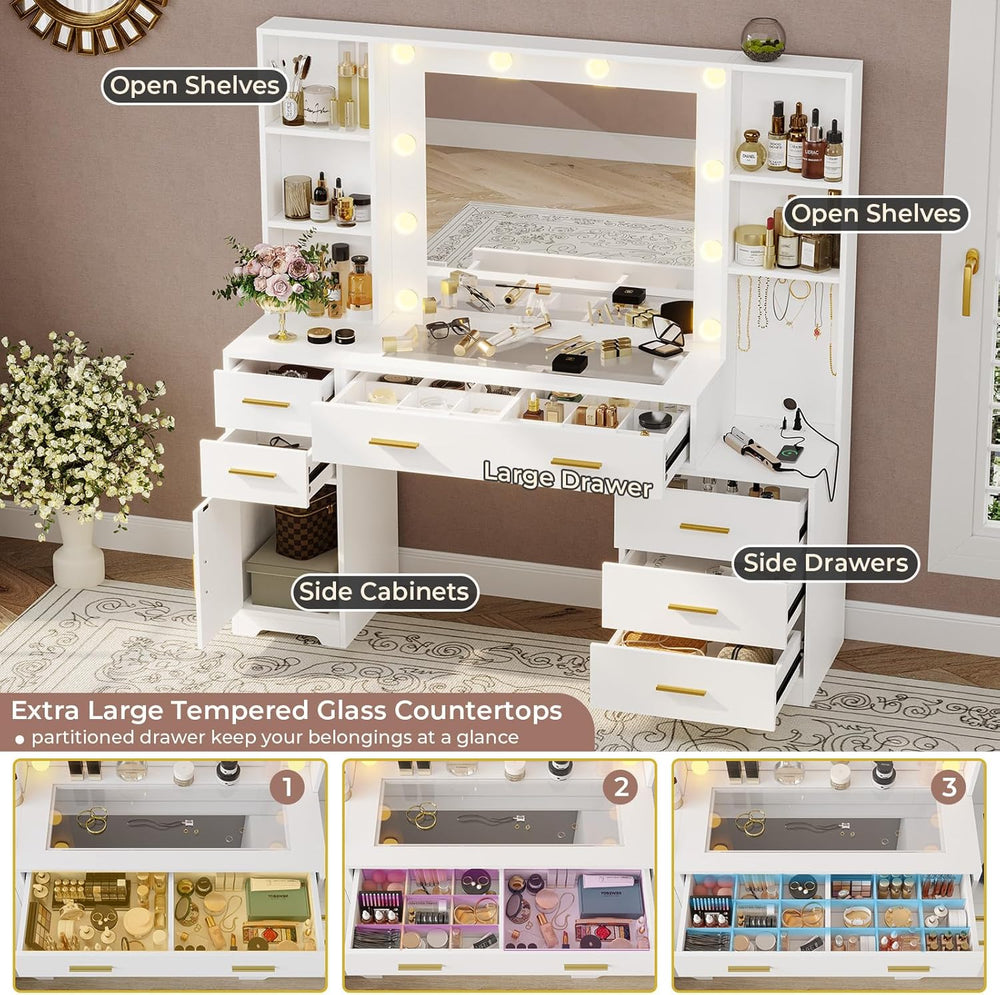 Hasuit 48.8'' Large Vanity Desk with Lighted Mirror & Power Outle...