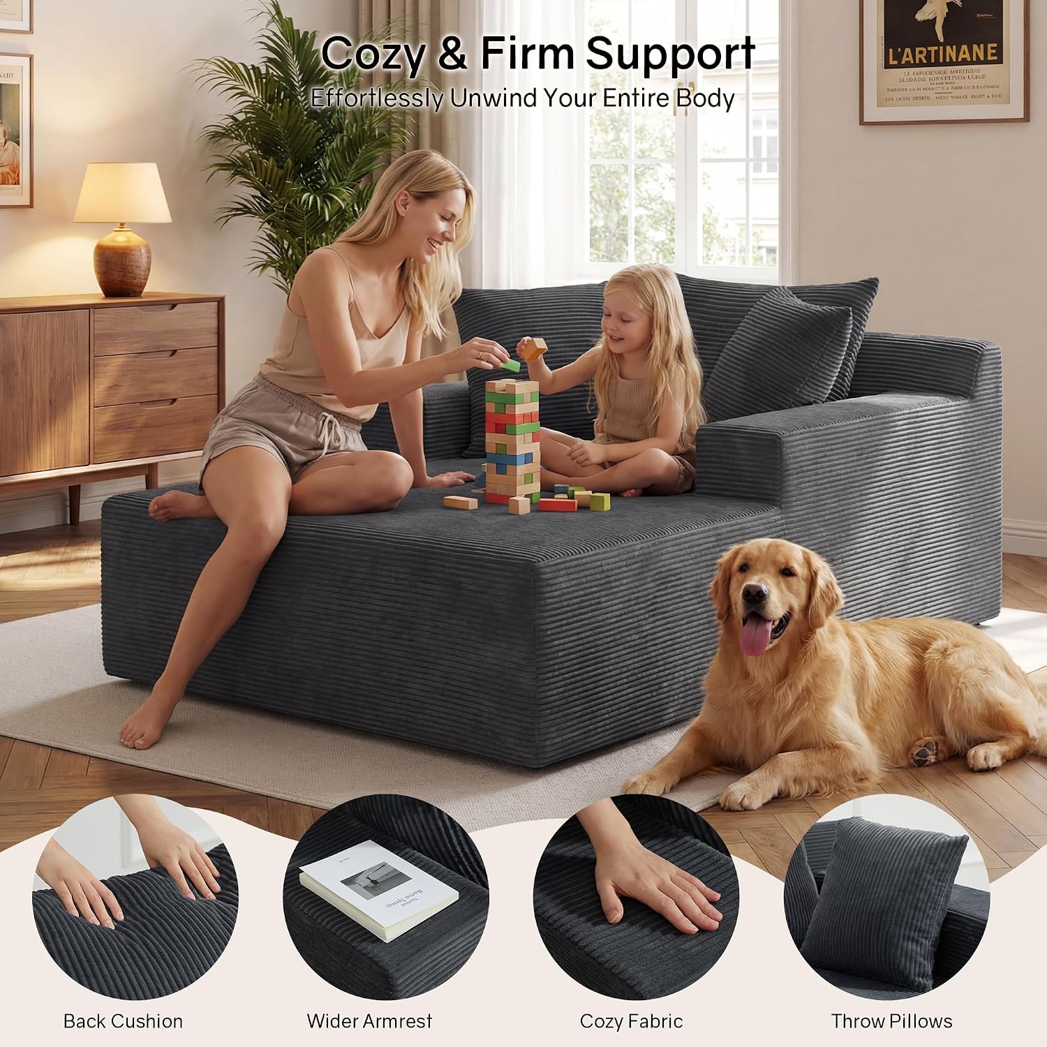 66" Chaise Lounge Chair Indoor, Oversized Boneless Lounge Chair with 3 Pillows, Cloud Reading Chair for Living Room Bedroom, Deep Seat Sleeper Couch, No Assembly Required
