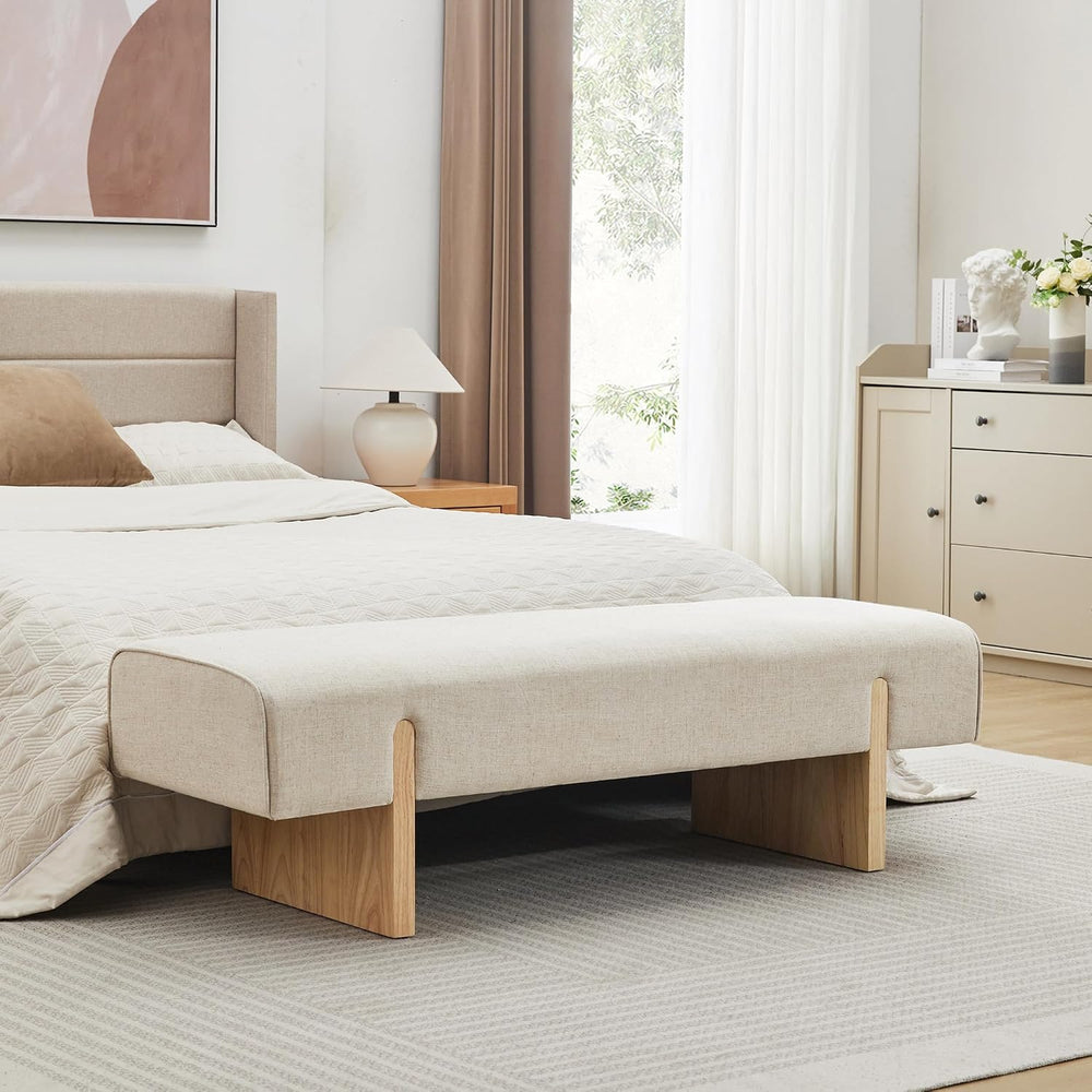Zesthouse Solid Wood Bench for Bedroom, 55'' Upholstered Linen Fabric...