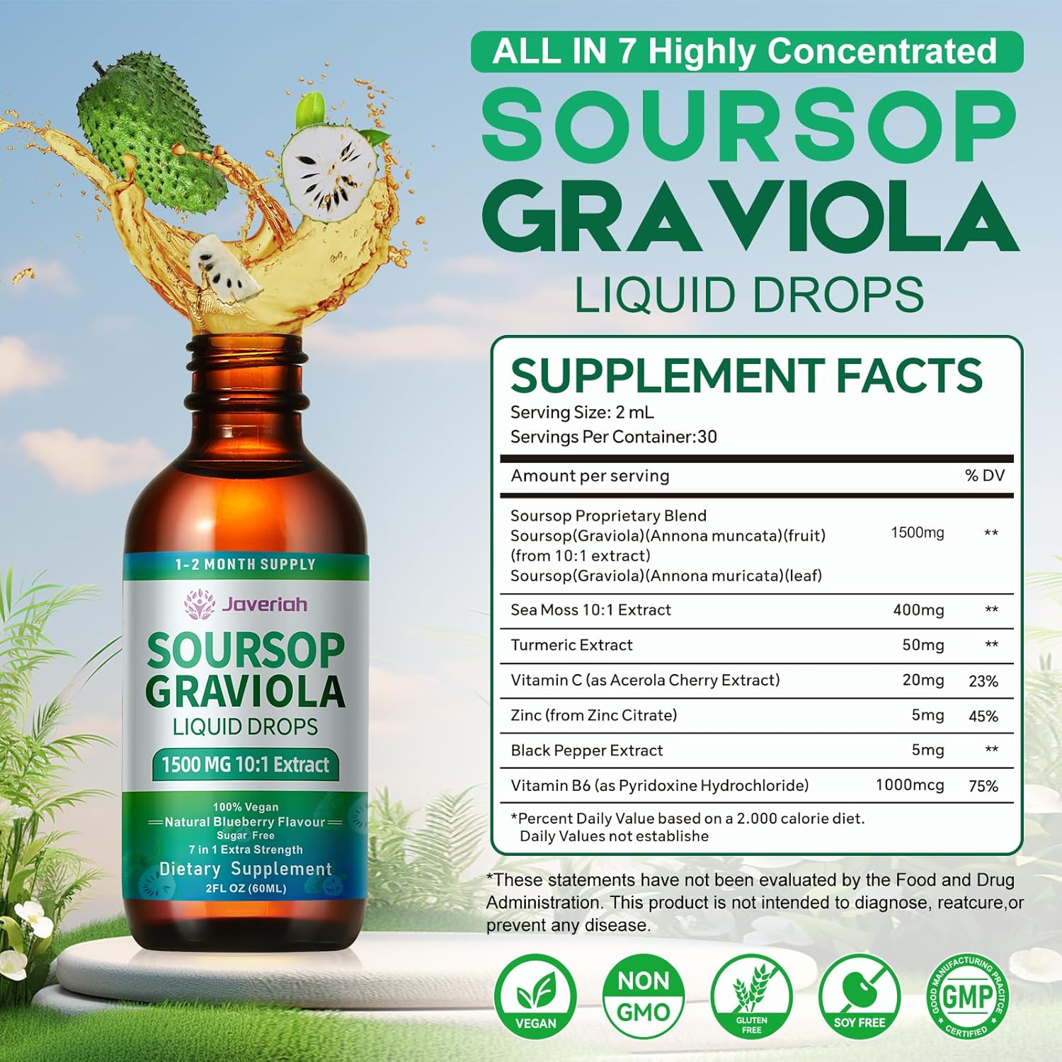 Soursop Bitters Liquid Drops Supplement with Irish Sea Moss & Turmeric for Cellular Support, Immune System Boost, Liver Health, Soursop Graviola Liquid Leaves Extract 2 Month Supply 60ML