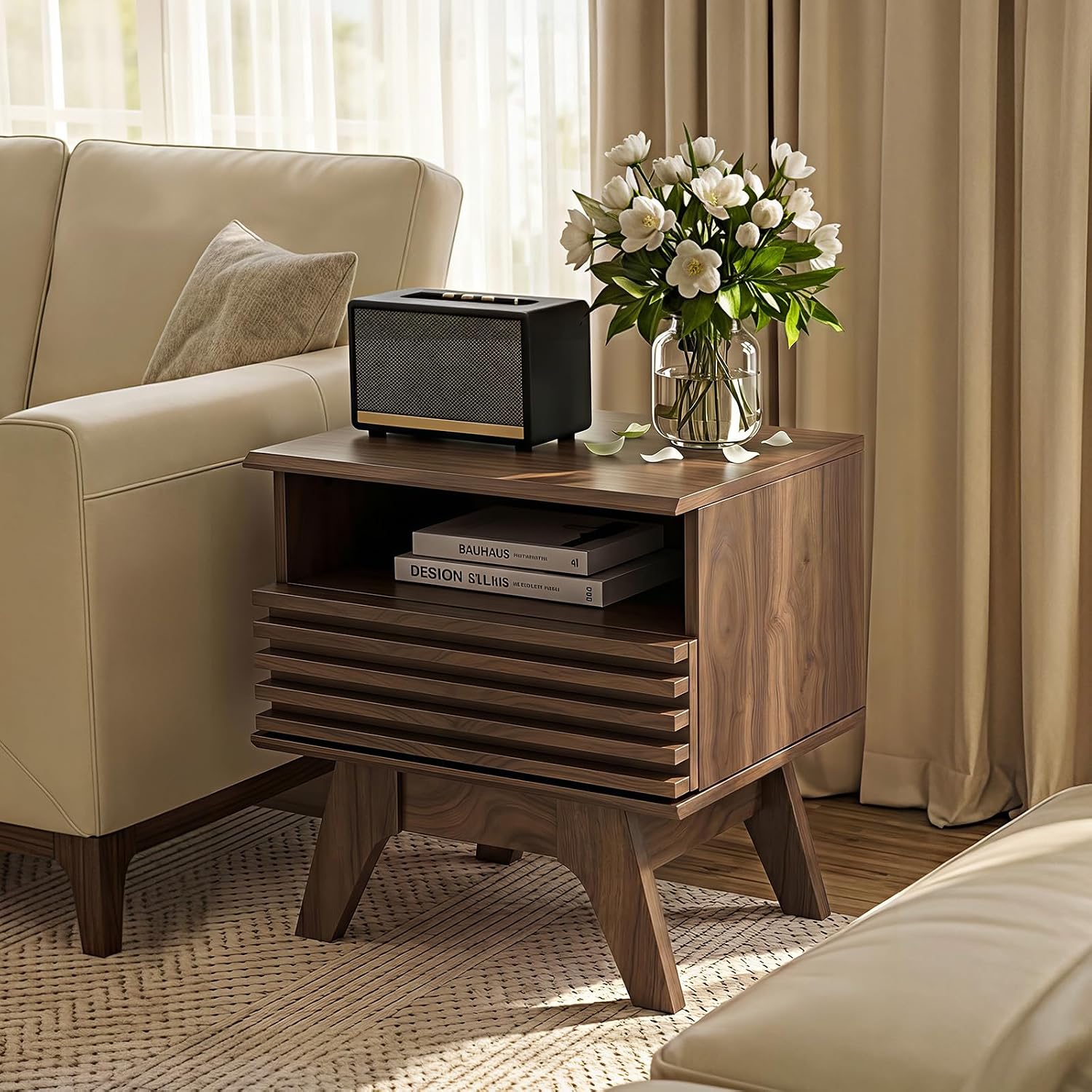 AODK 19 Inch Wide Fluted Nightstand Set of 2 with Drawer, Dark Walnut | Open Storage Shelf, Smooth Metal Slides, 4 Stable Legs, Mid Century Modern Style for Bedroom and Living Room