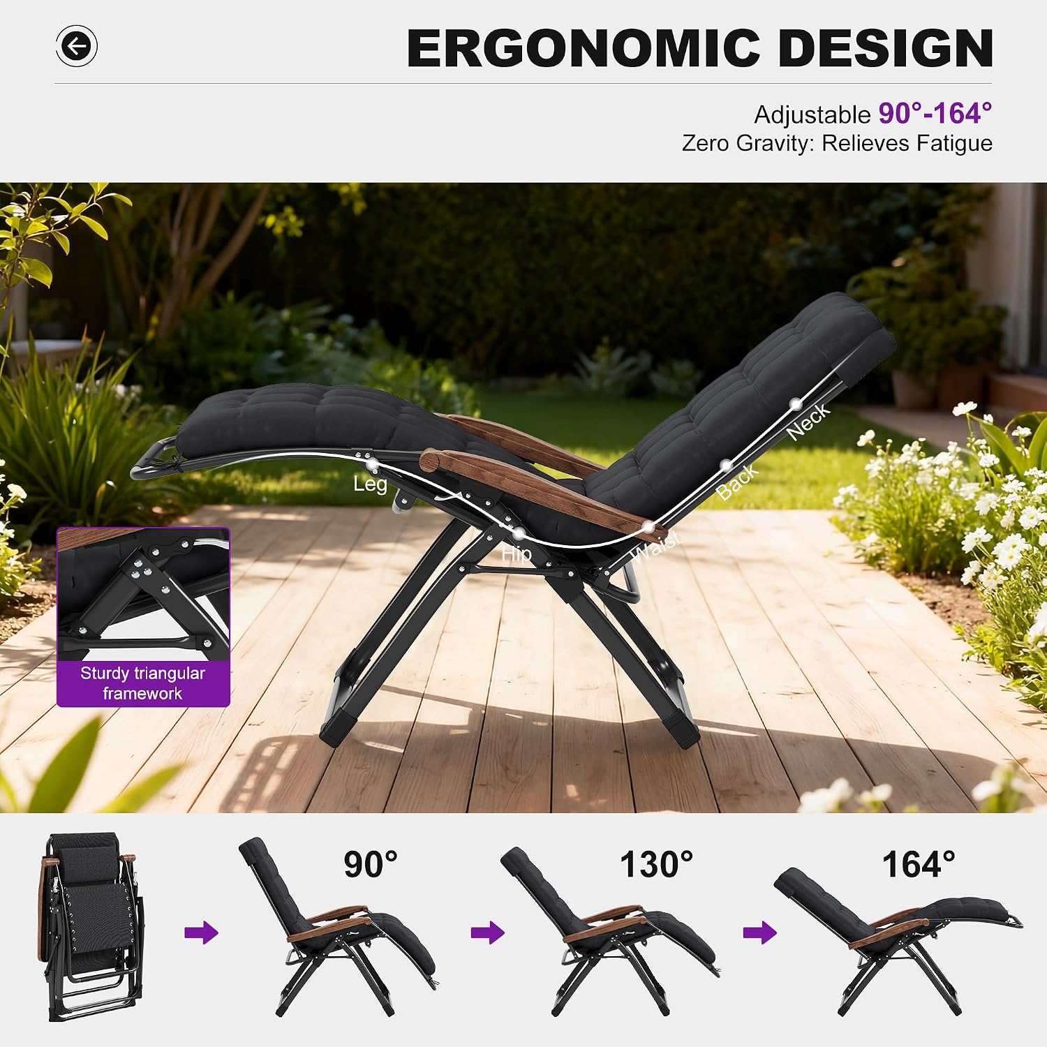 PURPLE LEAF Outdoor Reclining Chair Oversized Removable Cushion, Black | Extra-wide seat, Adjustable head pillow, UV protected textilene, Reclining backrest, Removable cushions, 120gsm peach skin