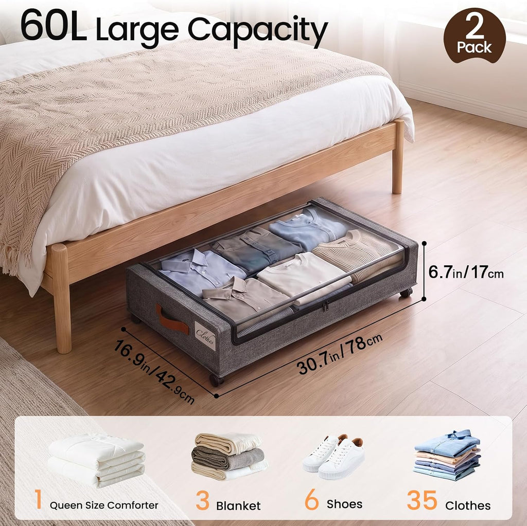 Yecaye 60 L Under Bed Storage with Wheels, 2 Pack Under Bed Storage Containers with Clear Window & Label, Rolling Under bed Shoe Storage organizer for Clothes, Shoes, Hemp Grey