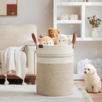 VIPOSCO Tall Laundry Basket, Large Dirty Clothes Hamper with Leather Handle, Woven Rope Storage Basket for Blanket, Toy In Living Room, Bathroom, Bedroom - 100L Brown & White