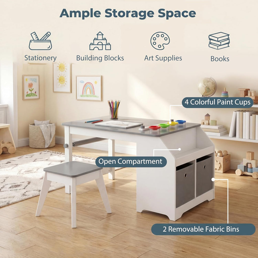 GLACER Kids Art Table and Chairs, Wooden Toddler Craft Table with Paper Roll & 4 Paint Cups, Activity Desk with Storage Shelves and 2 Fabric Bins, Art Station for Playroom, Nursery