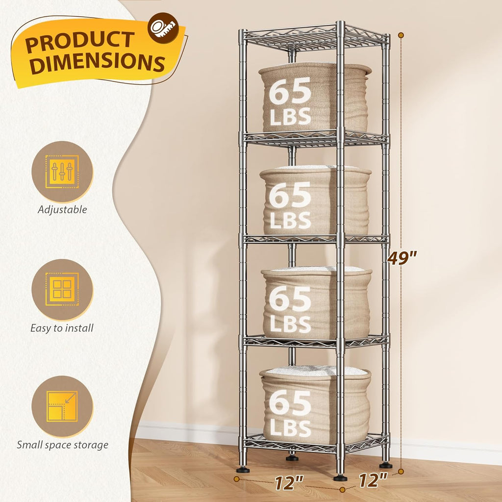 5 Wire Shelving Metal Shelves Storage Rack:Adjustable Storage Shelves Standing Shelf Units and Narrow Shelf for Laundry Bathroom Kitchen Pantry Closet Office 12''Wx12''Dx49''H Chrome