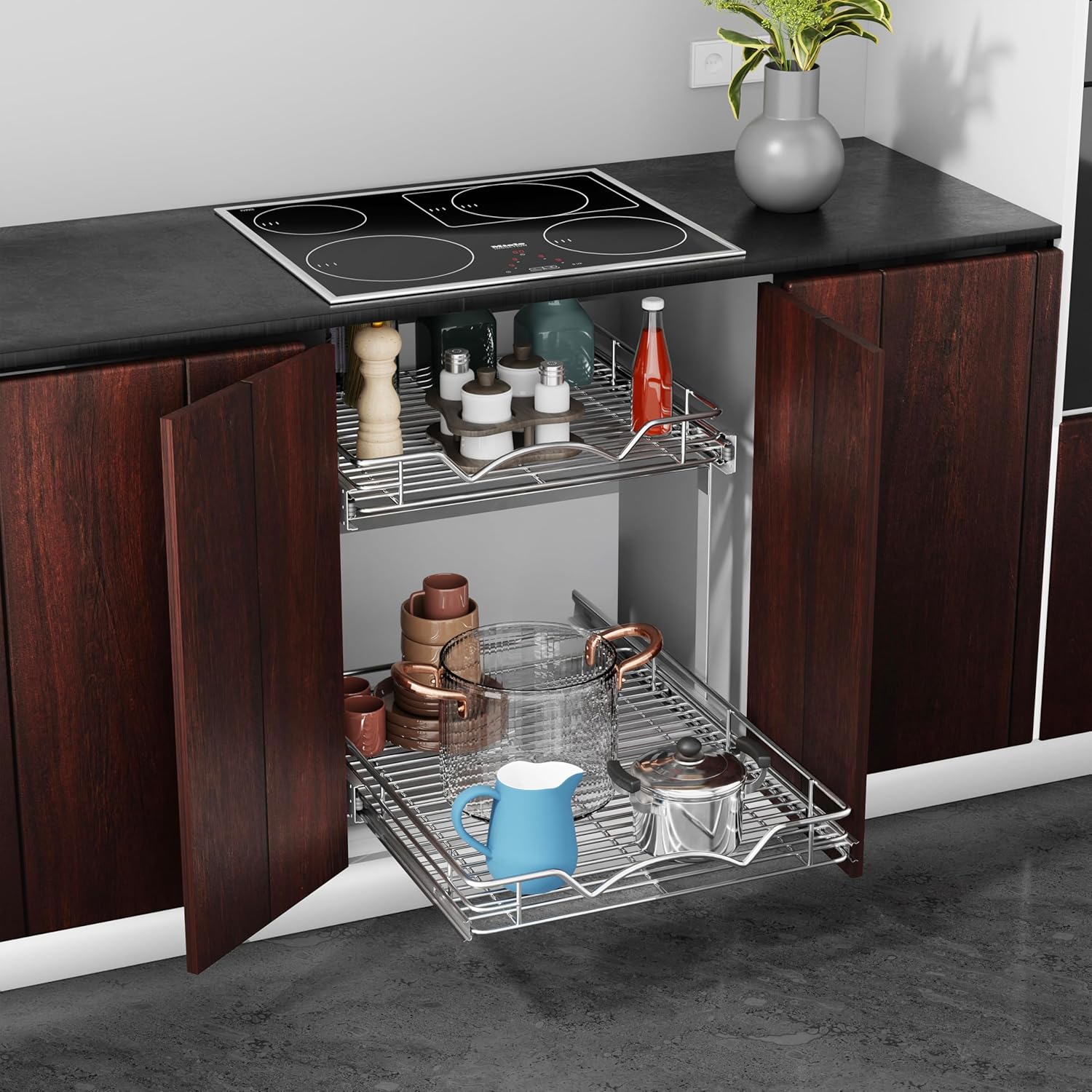 HOLDN’ STORAGE Two Tier Pull Out Cabinet Organizer, Individual Sliding Drawers - Heavy Duty Metal with Lifetime Limited Warranty - Anti Rust Chrome Finish - 26" W x 21”D x 16.5" H