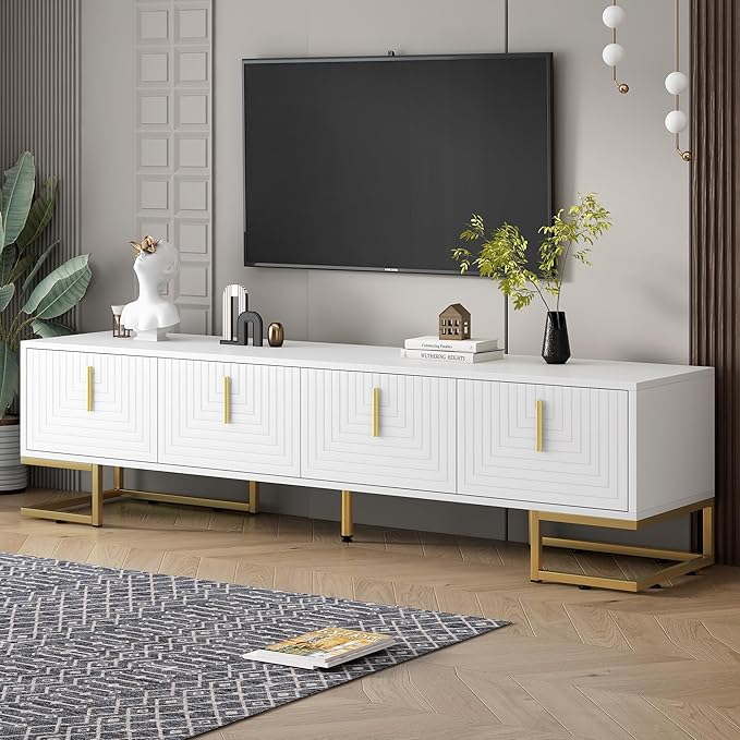 Ball & Cast Modern TV Stand with Storage Cabinets for TVs up to 80", Luxury Media Console w/Metal Legs & Gold Handles,Geometric Lines & Adjustable Shelf,Entertainment Center for Living Room,White