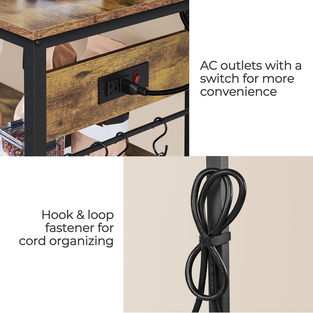 Yaheetech Kitchen Island Cart with Power Outlet, 3 Shelves, Rustic Brown | 40 Inches Rolling Kitchen Island With Storage, 3-Tier Coffee Cart with Footpads, Wine Rack Glass Holder Hooks for Dining Room