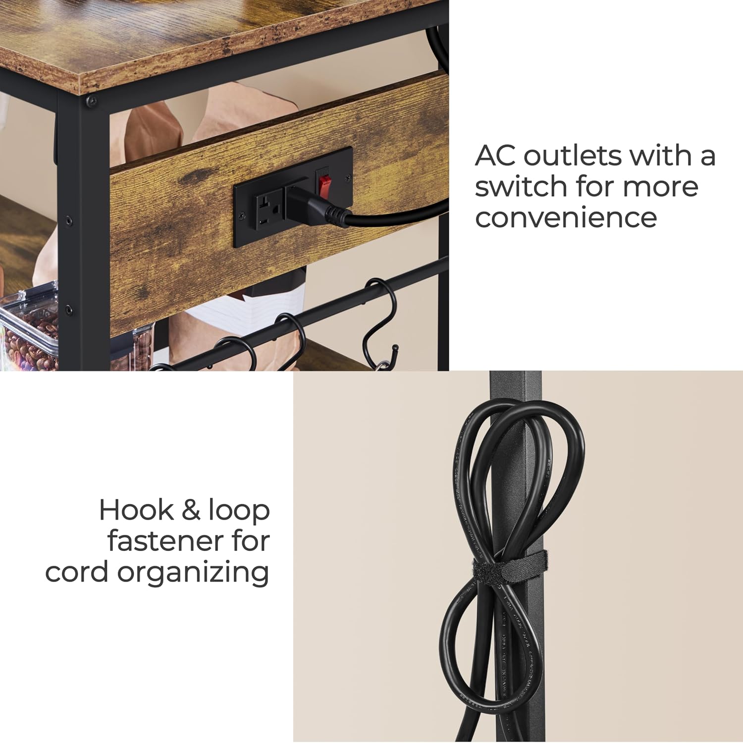 Yaheetech Kitchen Island Cart with Power Outlet, 3 Shelves, Rustic Brown | 40 Inches Rolling Kitchen Island With Storage, 3-Tier Coffee Cart with Footpads, Wine Rack Glass Holder Hooks for Dining Room