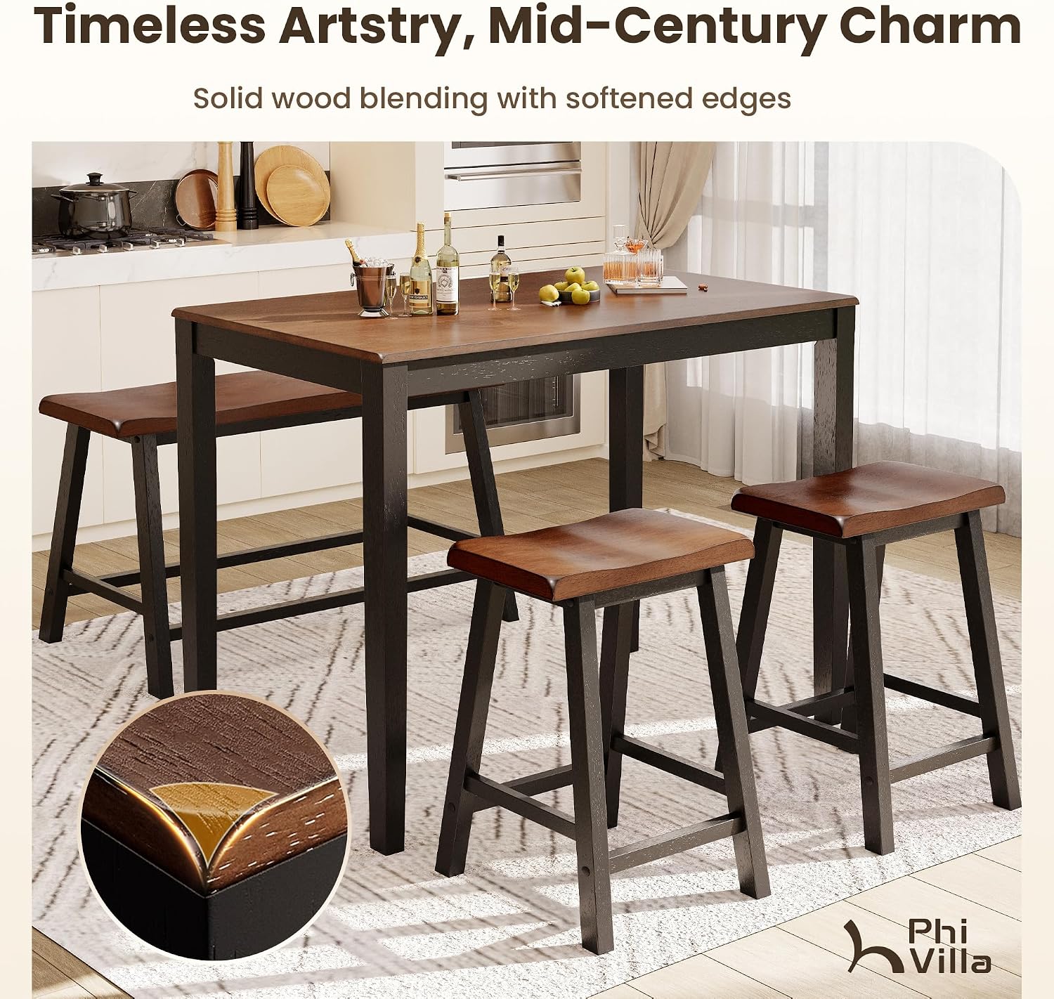 PHI VILLA Dining Table Set for 4, Kitchen Table Set with Bench and Chairs, Solid Wood Counter Height Bar Table and Chairs, Small Breakfast Table Set, Walnut with Black