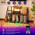 Large Record Player Stand Vintage Record Stand-Large Vintage Record Player Table with Power Outlet and LED Light,Record Storage Rack with Vinyl Display Shelf for Up to 300 Albums