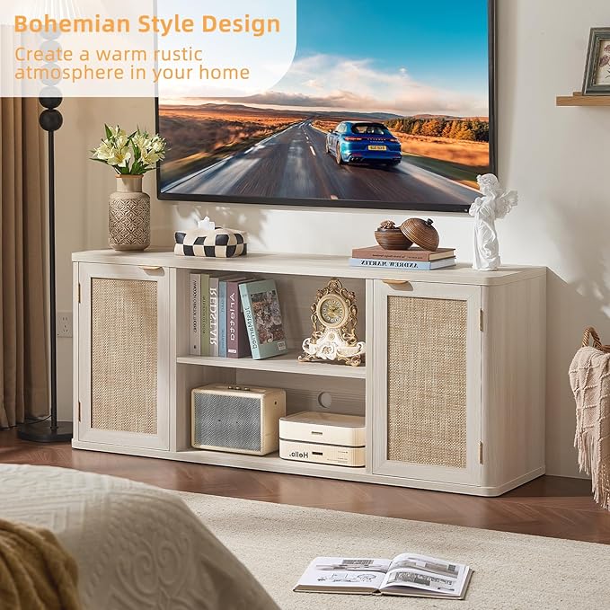 LEYAOYAO Rattan TV Stands for Living Room, Boho Entertainment Center with Storage and Open Shelf, Wood Media Console for 50-65 Inch TV, Grey White
