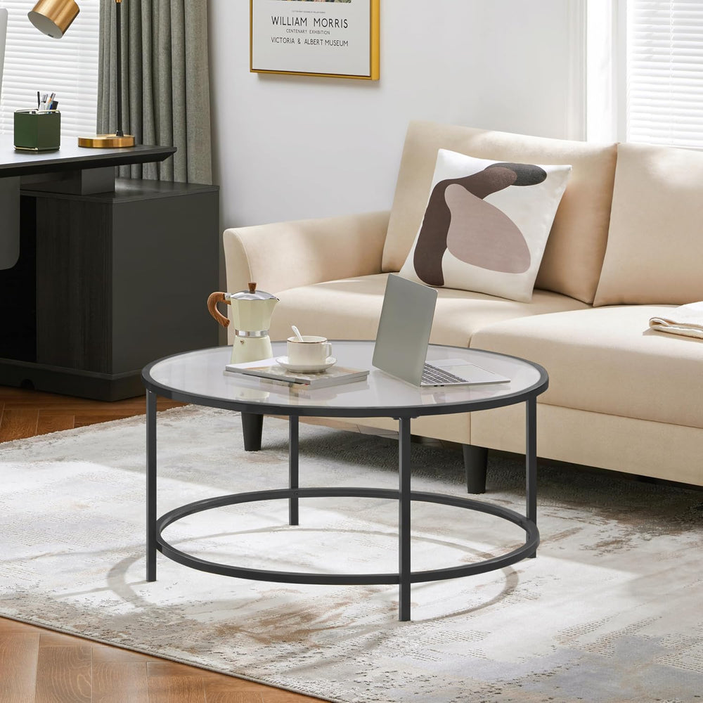 Yaheetech 36" Round Glass Coffee Table for Living Room, Metal Frame, Black