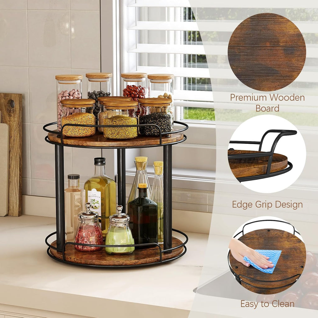 LAMU 10'' Wood Lazy Susan Turntable Organizer for Cabinet, 2 Tier Lazy Susan Spice Rack Organizer for Kitchen, Table Top, Countertop, Pantry, Medicine Organizer