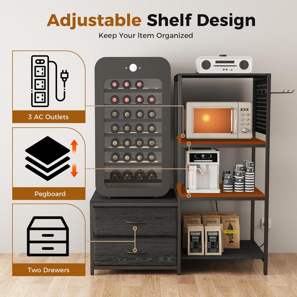 Mini Fridge Stand with Adjustable Shelf, Power Outlet & Storage, Kitchen Organizer for Microwave, Coffee Bar, Dorm, Office (Black)
